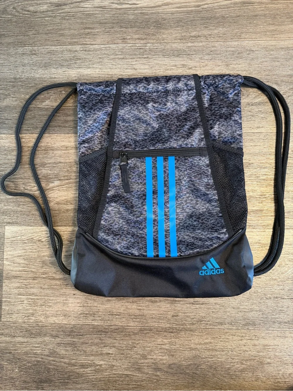 adidas Men's Black and Blue Drawstring Backpack with 3-Stripes